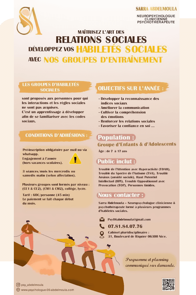 Des groupes thérapeutiques d'entraînement aux habiletés sociales pour enfants et adolescents à Nice, animés par la neuropsychologue Sarra Abdelmoula