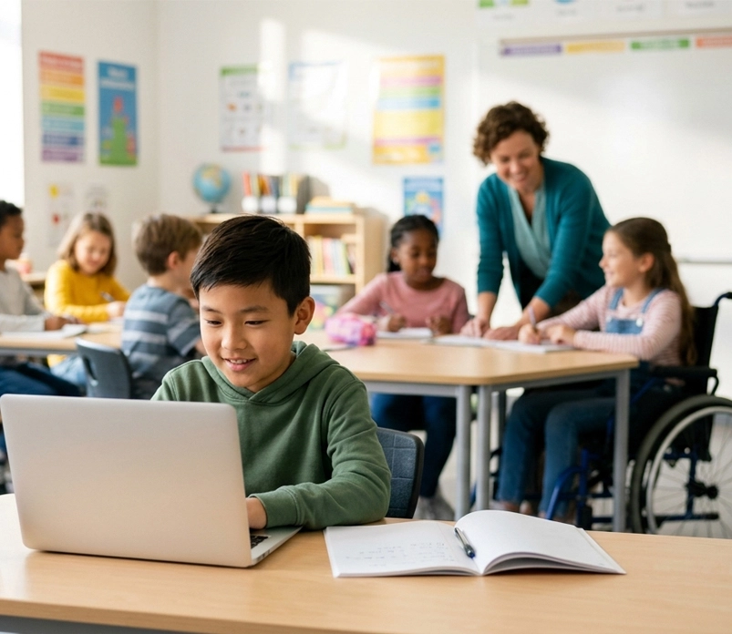 Élève TDAH en classe bénéficiant d'aménagements scolaires avec un ordinateur et un placement au premier rang