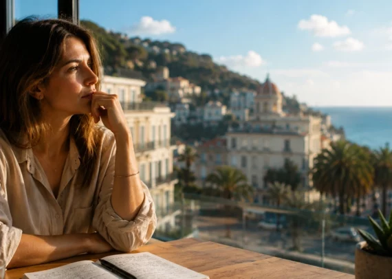 Adulte à haut potentiel (HPI) exprimant de l'anxiété et une hypersensibilité émotionnelle lors d'une réflexion à Nice