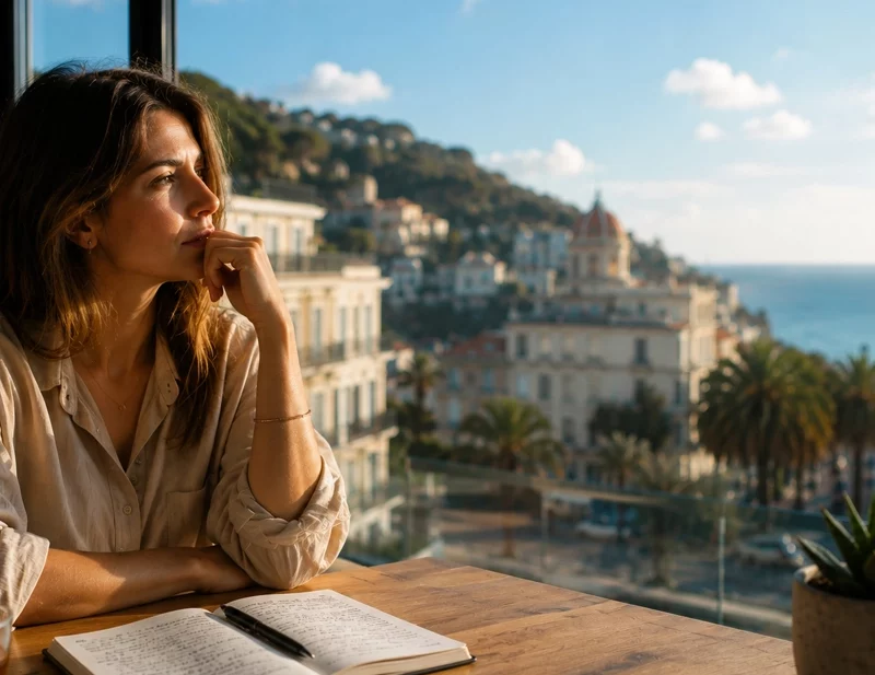 Adulte à haut potentiel (HPI) exprimant de l'anxiété et une hypersensibilité émotionnelle lors d'une réflexion à Nice