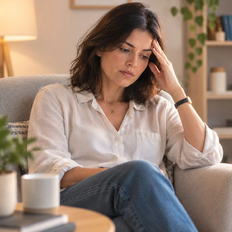 Illustration des signes physiques et psychiques de l'anxiété liée au TDAH : ruminations, tension musculaire et besoin de contrôle.